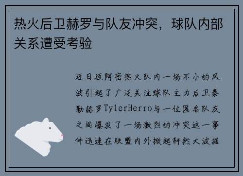 热火后卫赫罗与队友冲突，球队内部关系遭受考验