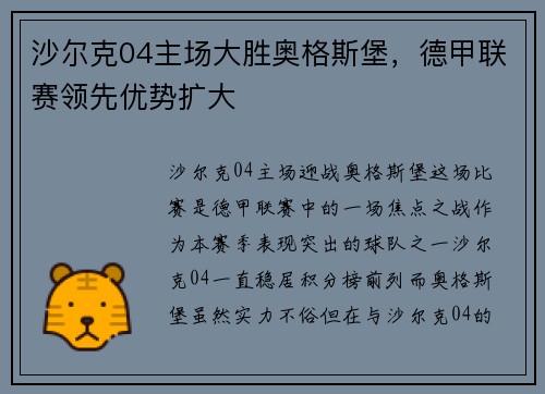 沙尔克04主场大胜奥格斯堡，德甲联赛领先优势扩大